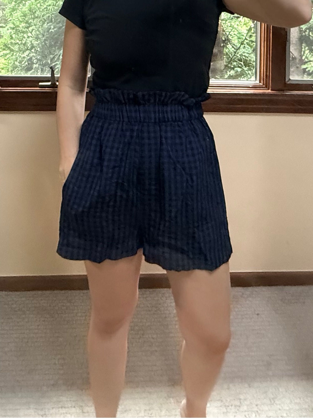 Tibi Navy Textured High-Waist Ruffle Shorts